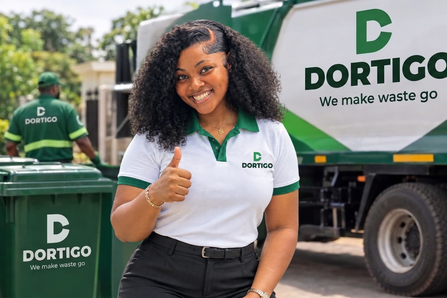 A DORTIGO worker beside a DORTIGO collection truck and wheeled bins