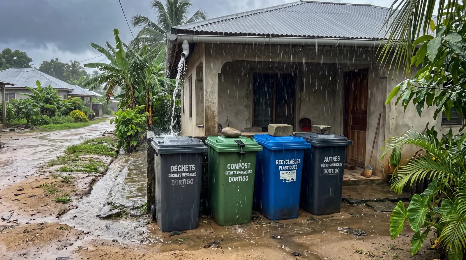 A compound in limbe with trash cans infront