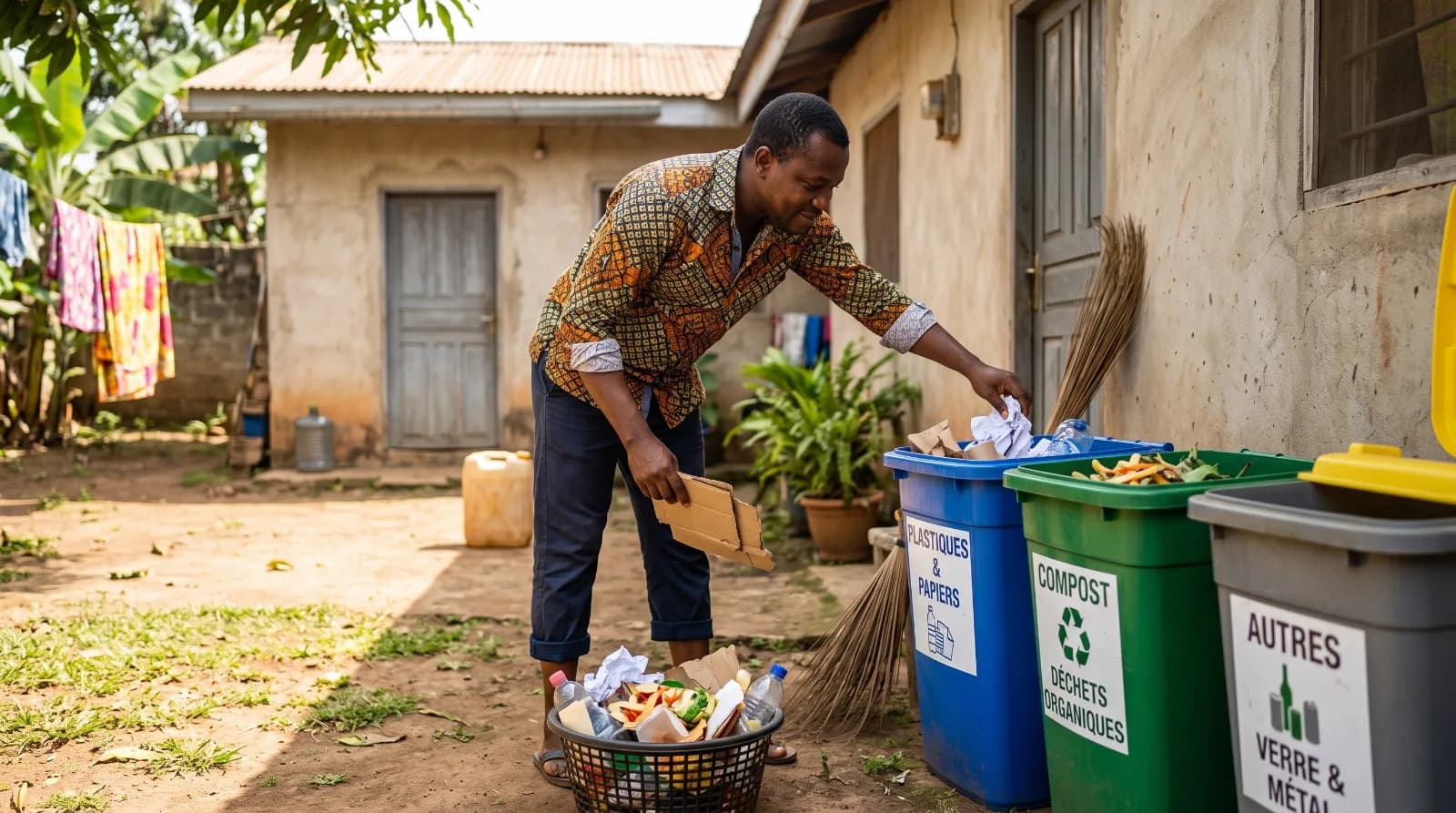 A man in a household In Limbe Cameroon dumping trash in his bin